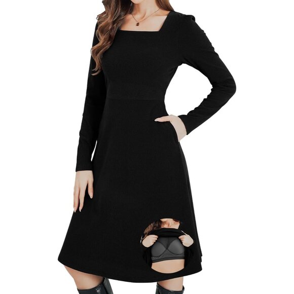 Built-in Bra Long Sleeve Midi Dress Women Fall Casual with Pockets